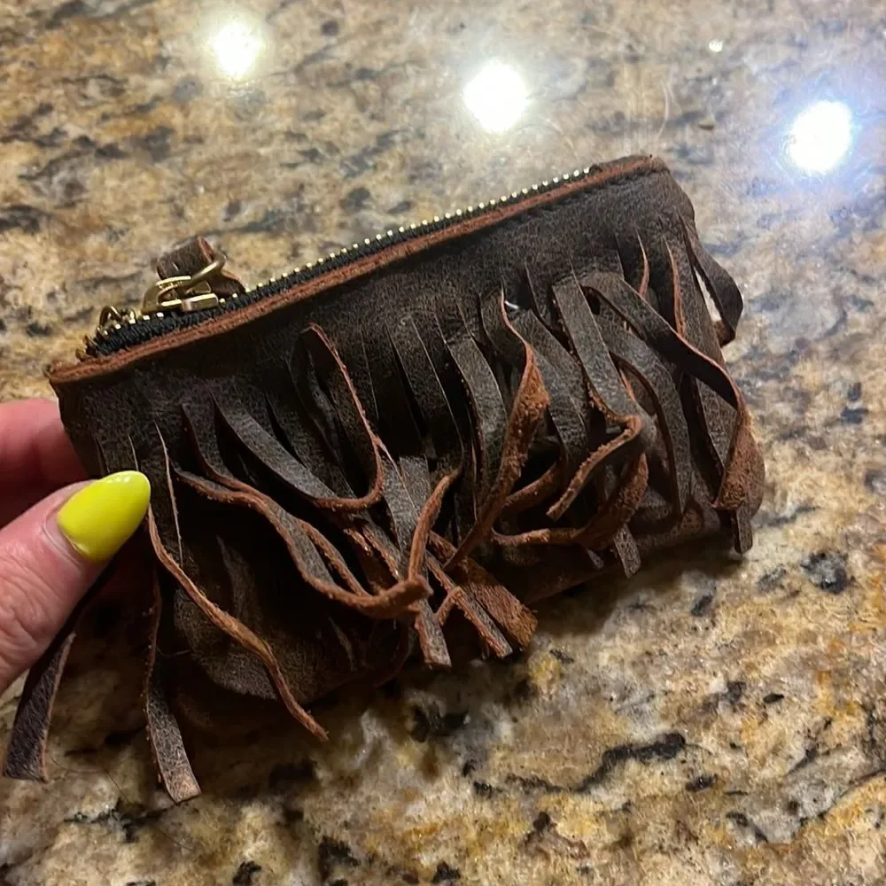 NEW Brown Fringe Key Chain Wallet - Real Leather Coin Wallet with Keychain